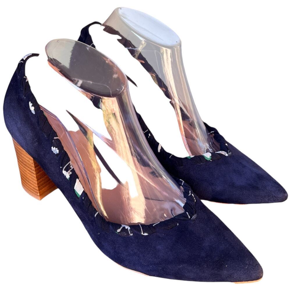 Anthropologie Women's 8.5M Navy Whipstitch Braided Ribbon Suede Block Heels - Picture 2 of 15